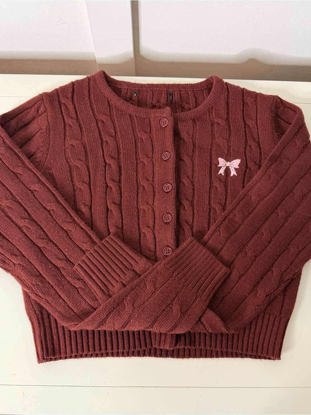 Cable Knit Button Cardigan Sweater - Burgundy